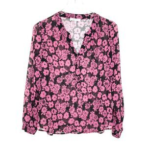 MILLY Blouse Shirt Size 2 Pink Black Brooke Floral Print Chiffon
